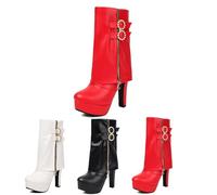 MEECHI Bootie With Heels Women's Elegant Ankle Boots With Pearl Buckle PU Leather Platform Bootie Autumn Winter Warm Snow Boots Women's High Heels Ankle Shoes For Party(Red,4.5 UK)