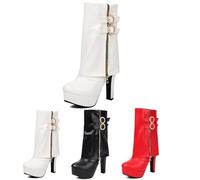 MEECHI Bootie With Heels Women's Elegant Ankle Boots With Pearl Buckle PU Leather Platform Bootie Autumn Winter Warm Snow Boots Women's High Heels Ankle Shoes For Party(White,6 UK)