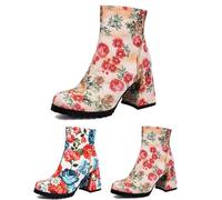 MEECHI Elegant Ankle Boots With Block Heel Women Short Boots With Floral Prints Bridal High Heels Large Size Autumn Winter PU Leather Ankle Shoes For Party(Pink,5 UK)