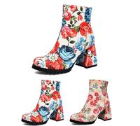 MEECHI Elegant Ankle Boots With Block Heel Women Short Boots With Floral Prints Bridal High Heels Large Size Autumn Winter PU Leather Ankle Shoes For Party(Blue,6 UK)