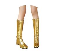 MEECHI Elegant Knee High Boots With Block Heel Women's Chelsea Long Boots PU Patent Leather High Heels With Square Toe Warm Plush Lined Snowboots With Zipper(Gold,4 UK)