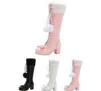 MEECHI Japanese High Boots With Bow Women's Knee High Lace-Up Boots With Block Heel, Cosplay Lolita Long Boots, Winter PU Leather Snow Boots With Plush Collar, Party Shoes(Pink,6 UK)