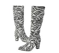 MEECHI Knee-high Boots With Block Heel Vintage Long Boots With Zebra Print Winter Suede Pointed Toe High Heels Women Casual Wide Tube Slip-on Shoes(White,4.5 UK)