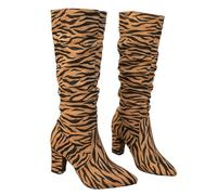 MEECHI Knee-high Boots With Block Heel Vintage Long Boots With Zebra Print Winter Suede Pointed Toe High Heels Women Casual Wide Tube Slip-on Shoes(Brown,4 UK)