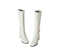 MEECHI Knee-high Boots With Buckle, Women's PU Patent Leather Longshaftboots With Heel, Comfortable High Boots With Square Toe, Warm Plush Lined Shoes With Zipper(White,7 UK)