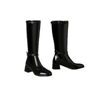 MEECHI Knee-high Boots With Buckle, Women's PU Patent Leather Longshaftboots With Heel, Comfortable High Boots With Square Toe, Warm Plush Lined Shoes With Zipper(Black,4.5 UK)