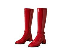 MEECHI Knee-high Boots With Buckle, Women's PU Patent Leather Longshaftboots With Heel, Comfortable High Boots With Square Toe, Warm Plush Lined Shoes With Zipper(Red,6.5 UK)