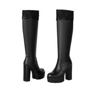 MEECHI Knee-high Boots With Zip, Women's PU Leather Stretch Long Shaft Boots With Block Heel, Platform High Heels For Bride, Elegant Booties With Lace Patchwork(Black,6.5 UK)