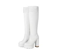 MEECHI Knee-high Boots With Zip, Women's PU Leather Stretch Long Shaft Boots With Block Heel, Platform High Heels For Bride, Elegant Booties With Lace Patchwork(White,5.5 UK)
