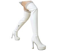 MEECHI Over-the-Knee Boots With Zip Women's PU Patent Leather Stretch Long Shaft Boots With Heel Elegant Ridingboots With Lace Patchwork 11cm Platform High Heels For Bride(White,7 UK)