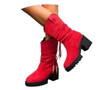 MEECHI Platform Ankle Boots Women's Retro Western Cowboy Boots With Fringe Suede Booties With Block Heel Elegant High Heels Wide Skinny Slip-on Shoes For Country, Rodeos(Red,6 UK)