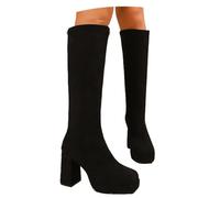 MEECHI Platform Knee-High Boots With Block Heel Women's Suede Longshaftboots Elastic High Boots With Square Toe Vintage Slip-On Shoes For Winter(5.5 UK)