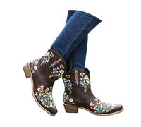 MEECHI Plus Size Ankle Boots Women's Flower Embroidered Short Boots Autumn | Combat Ankle Boots Retro Western Cowboy Booties Winter PU Leather Waterproof Slip-on Snow Boots
