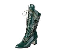 MEECHI PU Patent Leather Booties For Women 2025 Lace-up Boots With Sequins Elegant Ankle Boots With Block Heel Fashion Pointed Toe Booties 5.5cm High Heels Party Evening Shoes(Green,5 UK)