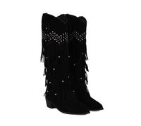 MEECHI Retro Western Cowboy Boots With Fringe Women's Pointed Toe Langschaft Boots With Heel Autumn/Winter Warm Suede Slip-On Shoes Women's Casual Ridingboots For Country, Rodeos(Black,3.5 UK)