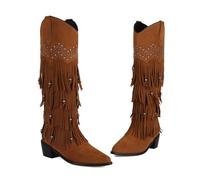 MEECHI Retro Western Cowboy Boots With Fringe Women's Pointed Toe Langschaft Boots With Heel Autumn/Winter Warm Suede Slip-On Shoes Women's Casual Ridingboots For Country, Rodeos(Brown,3.5 UK)