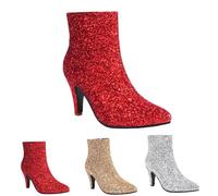 MEECHI Sequined Ankle Boots Women's Pointed Toe Booties Stiletto High Heels Booties Fashion Short Boots With Side Zipper Elegant Pumps For Party(Red,5.5 UK)