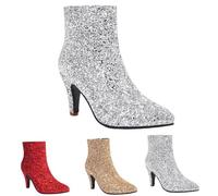 MEECHI Sequined Ankle Boots Women's Pointed Toe Booties Stiletto High Heels Booties Fashion Short Boots With Side Zipper Elegant Pumps For Party(Silver,6.5 UK)