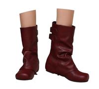 MEECHI Slip-on Booties Retro Medieval Short Boots With Wedge Heel Fashion Ankle Boots With Double Buckle PU Leather Biker Booties Comfortable Wide Tube Ankle Shoes For Party(Red,4.5 UK)