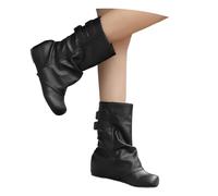 MEECHI Slip-on Booties Retro Medieval Short Boots With Wedge Heel Fashion Ankle Boots With Double Buckle PU Leather Biker Booties Comfortable Wide Tube Ankle Shoes For Party(Black,5 UK)