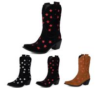 MEECHI Suede Booties 2025 Women's Western Cowboy Boots With Embroidery Retro Ankle Boots With Block Heel Casual Wide Tube Slip-on Shoes For Spring/Autumn/Winter(Red,5.5 UK)