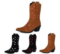 MEECHI Suede Booties 2025 Women's Western Cowboy Boots With Embroidery Retro Ankle Boots With Block Heel Casual Wide Tube Slip-on Shoes For Spring/Autumn/Winter(Brown,3.5 UK)