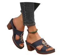 MEECHI Summer PU Leather Slippers Women's Roman Slippers With Block Heel Fashion Sandals With Metal Buckles 2025 New Peep Toe Slippers Vintage Large Size Slippers(Blue,5.5 UK)