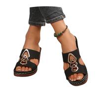 MEECHI Summer PU Leather Slippers Women's Roman Slippers With Block Heel Fashion Sandals With Metal Buckles 2025 New Peep Toe Slippers Vintage Large Size Slippers(Black,4 UK)