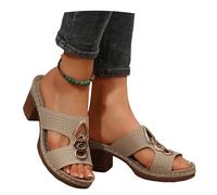 MEECHI Summer PU Leather Slippers Women's Roman Slippers With Block Heel Fashion Sandals With Metal Buckles 2025 New Peep Toe Slippers Vintage Large Size Slippers(Beige,6.5 UK)