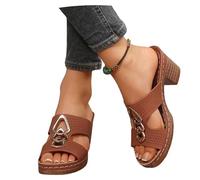 MEECHI Summer PU Leather Slippers Women's Roman Slippers With Block Heel Fashion Sandals With Metal Buckles 2025 New Peep Toe Slippers Vintage Large Size Slippers(Brown,4 UK)
