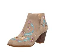 MEECHI Vintage Ankle Boots With Floral Embroidery Women's Elegant Short Boots With Block Heel Warm Suede Booties Zipper Biker Booties Casual Ankle Shoes For Outdoor, Party(Beige,7 UK)