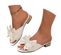 MEECHI Vintage Mules With Bows Women's Elegant Peep Toe Sandals Summer Large Size Slippers Flat Bridal Shoes With Low Heel Lightweight Comfortable Slippers For Party(White,6 UK)