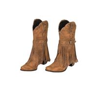 MEECHI Vintage Riding Boots Women's Mid-calf Western Cowboy Boots With Fringe Pointed Toe Booties With Rivets PU Leather Wide Tube Slip-On Shoes With Heel(Brown,5.5 UK)