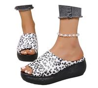 MEECHI Wedge Heel Slides For Women Vintage Leopard Print Sandals 2026 Summer Peep Toe Slippers Soft PU Leather Slippers Leisure Beach Shoes(White,5 UK)