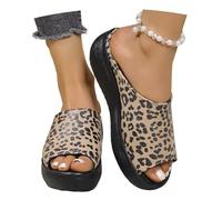 MEECHI Wedge Heel Slides For Women Vintage Leopard Print Sandals 2026 Summer Peep Toe Slippers Soft PU Leather Slippers Leisure Beach Shoes(Brown,7.5 UK)