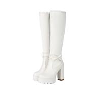 MEECHI Winter Elegant Knee High Boots With Bows Women's Stretch PU Leather Long Shaft Boots With Zip 43EU Large Size Evening Shoes 11cm Platform High Heels For Bride(White,4 UK)