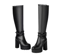 MEECHI Winter Elegant Knee High Boots With Bows Women's Stretch PU Leather Long Shaft Boots With Zip 43EU Large Size Evening Shoes 11cm Platform High Heels For Bride(Black,4.5 UK)