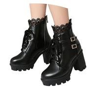MEECHI Women's Gothic Lace-up Boots Platform Punk Booties With Block Heel 2025 New Ankle Boots Double Buckle PU Leather Biker Booties With Zipper Women Elegant High Heels(Black,6 UK)