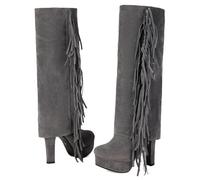 MEECHI Women's High Boots With Fringes Retro Suede Knee High Boots With Block Heel Autumn Winter Long Boots With Zipper Warm Platform Snow Boots Casual High Heels(Grey,7.5 UK)
