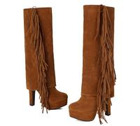MEECHI Women's High Boots With Fringes Retro Suede Knee High Boots With Block Heel Autumn Winter Long Boots With Zipper Warm Platform Snow Boots Casual High Heels(Brown,7.5 UK)