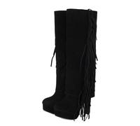 MEECHI Women's High Boots With Fringes Retro Suede Knee High Boots With Block Heel Autumn Winter Long Boots With Zipper Warm Platform Snow Boots Casual High Heels(Black,6.5 UK)