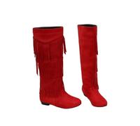 MEECHI Women's Knee High Boots Retro Western Cowboy Boots With Fringes Suede Warm Plush Lined Snow Booties Comfortable Wide Tube Slip-on Shoes(Red,7.5 UK)