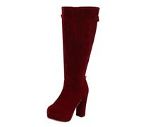 MEECHI Women's Knee High Boots With Block Heel Retro Suede Riding Boots With Zipper Wide Tube Slip-on Shoes Women Winter Platform High Heels(Red,3.5 UK)