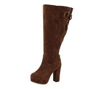 MEECHI Women's Knee High Boots With Block Heel Retro Suede Riding Boots With Zipper Wide Tube Slip-on Shoes Women Winter Platform High Heels(Brown,5.5 UK)