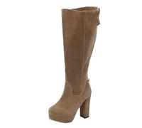MEECHI Women's Knee High Boots With Block Heel Retro Suede Riding Boots With Zipper Wide Tube Slip-on Shoes Women Winter Platform High Heels(Beige,5 UK)