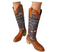 MEECHI Women's Knee-High Boots With Block Heel Retro Western Cowboy Boots With Floral Embroidery Autumn Winter Warm Slip-On Shoes(Brown,4 UK)