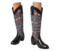 MEECHI Women's Knee-High Boots With Block Heel Retro Western Cowboy Boots With Floral Embroidery Autumn Winter Warm Slip-On Shoes(Black,5 UK)