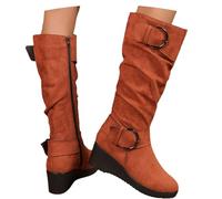 MEECHI Women's Knee-High Boots With Zipper, Warm Long Shaft Snow Boots With Wedge Heel, Retro Suede Ridingboots With Double Buckle, Winter Shoes For Outdoor(Brown,6 UK)