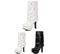 MEECHI Women's Platform Ankle Boots With Rivet PU Leather Fold Over Short Boots Elegant Booties With Block Heel Large Size Ankle Shoes Party High Heels(White,4 UK)