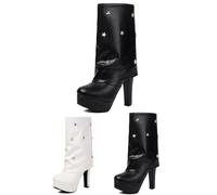 MEECHI Women's Platform Ankle Boots With Rivet PU Leather Fold Over Short Boots Elegant Booties With Block Heel Large Size Ankle Shoes Party High Heels(Black,7.5 UK)